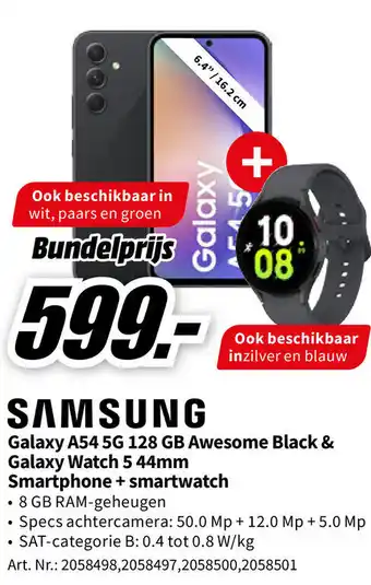 MediaMarkt SAMSUNG Galaxy A54 5G 128 GB Awesome Black & Galaxy Watch 5 44mm Smartphone + smartwatch aanbieding
