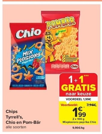 Carrefour Chips tyrrell’s, chio en pom-bär aanbieding