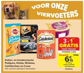 Carrefour Katten- en hondensnacks pedigree, sheba, whiskas, catisfactions en crave aanbieding