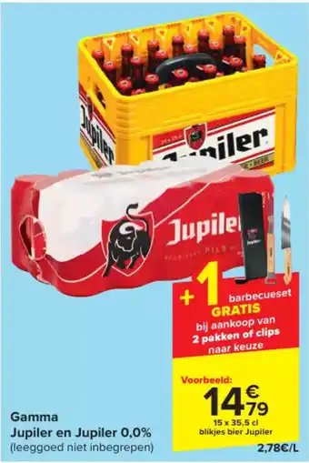 Carrefour Gamma Jupiler en Jupiler 0,0% (leeggoed niet inbegrepen) 15 x 35,5 cl blikjes bier Jupiler aanbieding