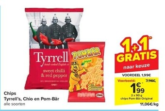 Carrefour Chips tyrrell’s, chio en pom-bär aanbieding
