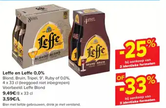 Carrefour Leffe en Leffe 0,0% Blond, Bruin, Tripel, 9º, Ruby of 0,0%, 8 x 33 cl (leeggoed niet inbegrepen) aanbieding