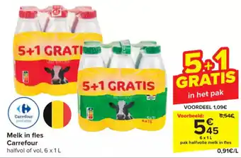Carrefour Melk in fles halfvol of vol, 6 x 1L aanbieding