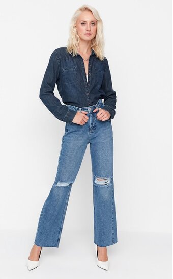 Bol.com Trendyol vrouwen hoge taille breed been jeans aanbieding