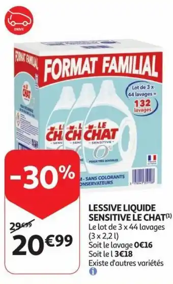 Auchan LE CHAT LESSIVE LIQUIDE SENSITIVE Le lot de 3 x 44 lavages aanbieding