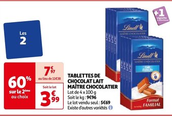 Auchan TABLETTES DE CHOCOLAT LAIT MAÎTRE CHOCOLATIER Lot de 4 x 100 g aanbieding