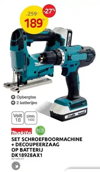 Brico Set schroefboormachine + decoupeerzaag op batterij dk18928ax1 aanbieding