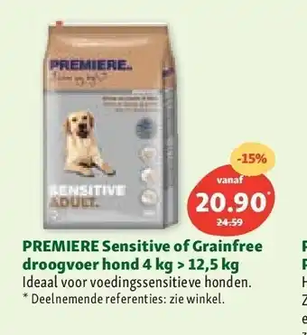 Maxi Zoo Premiere sensitive of grainfree droogvoer hond 4 kg > 12,5 kg aanbieding