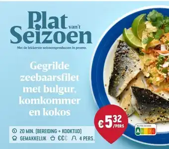 Delhaize Gegrilde zeebaarsfilet met bulgur, komkommer en kokos aanbieding
