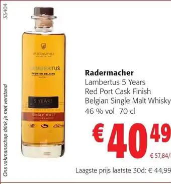 Colruyt Radermacher Lambertus 5 Years Red Port Cask Finish Belgian Single Malt Whisky 46 % vol 70 cl aanbieding
