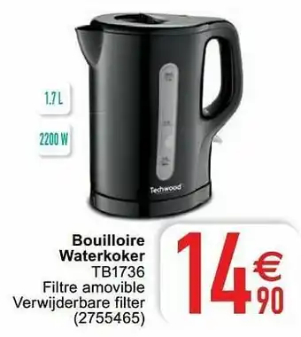 Cora Techwood bouilloire waterkoker tb1736 aanbieding