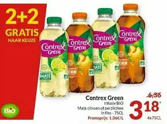Intermarché Contrex green infusie bio mate citroen of perzikthee aanbieding