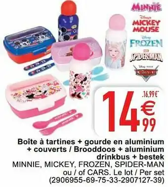 Cora Boîte à tartines + gourde en aluminium + couverts - brooddoos + aluminium drinkbus + bestek minnie, mickey, frozen, spider-ma aanbieding