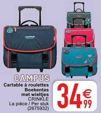 Cartable à roulettes boekentas met wieltjes crinkle