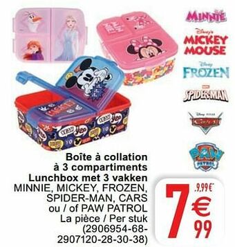 Cora Boîte à collation à 3 compartiments lunchbox met 3 vakken minnie mickey frozen spider-man cars ou - of paw patrol aanbieding