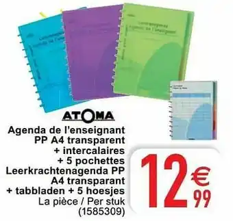 Cora Agenda de l’enseignant pp a4 transparent + intercalaires + 5 pochettes leerkrachtenagenda pp a4 transparant + tabbladen + 5 h aanbieding