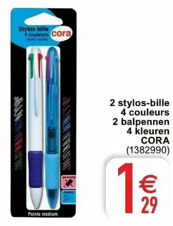 Cora 2 stylos-bille 4 couleurs 2 balpennen 4 kleuren cora aanbieding