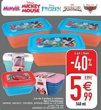 Cora Lot de 3 boîtes à collation set 3 lunchboxen minnie, mickey, frozen, spider-man ou - of cars aanbieding
