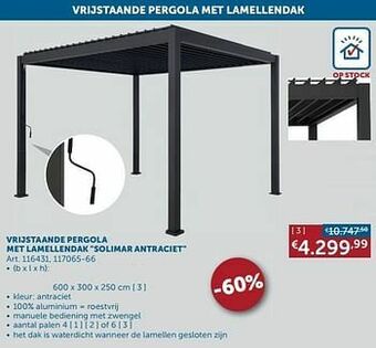Zelfbouwmarkt Vrijstaande pergola met lamellendak solimar antraciet aanbieding