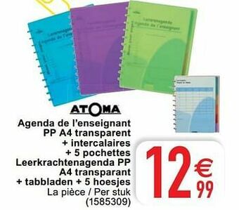 Cora Agenda de l’enseignant pp a4 transparent + intercalaires + 5 pochettes leerkrachtenagenda pp a4 transparant + tabbladen + 5 h aanbieding