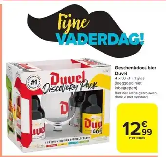 Carrefour Geschenkdoos bier duvel 4 x 33 cl + 1 glas aanbieding