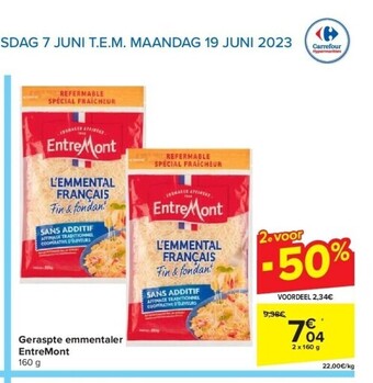 Carrefour Geraspte emmentaler entremont 160 g aanbieding
