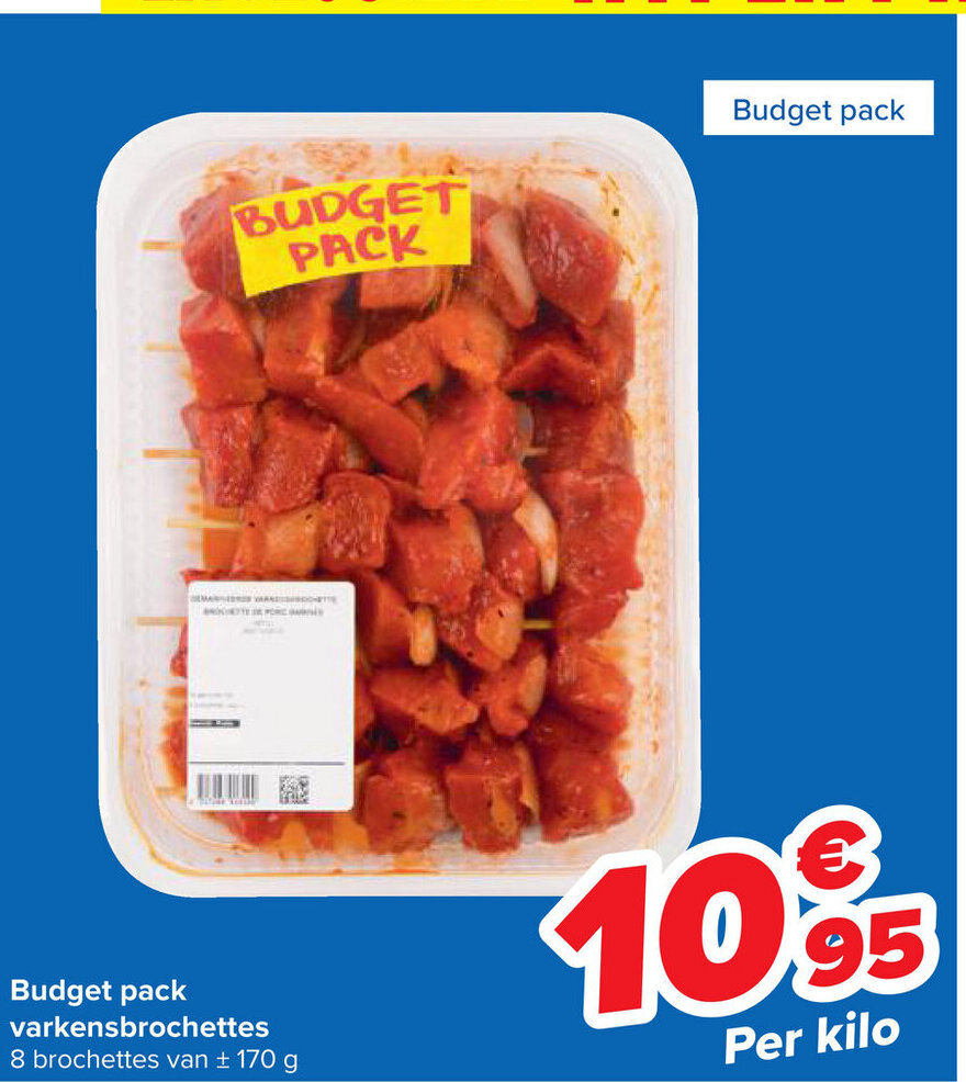 Carrefour Budget pack varkensbrochettes 8 brochettes van ± 170 g aanbieding