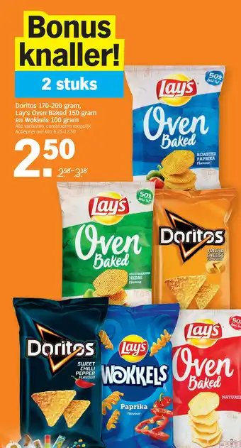 Albert Heijn Doritos 170-200 gram, Lay's Oven Baked 150 gram en Wokkels 100 gram aanbieding