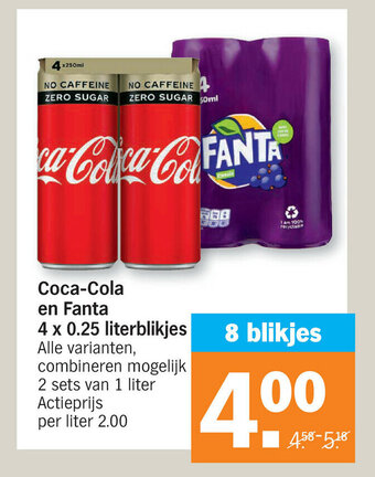 Albert Heijn Coca-Cola en Fanta 4 x 0.25 literblikjes aanbieding