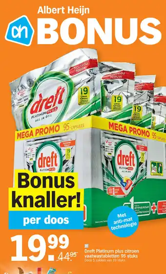 Albert Heijn Dreft Platinum plus citroen vaatwastabletten 95 stuks aanbieding