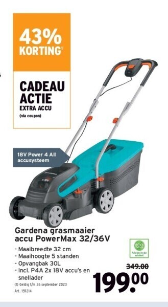 GAMMA Gardena grasmaaier accu powermax 32/36v aanbieding