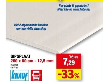 Gipsplaat 260 x 60 cm - 12,5 mm