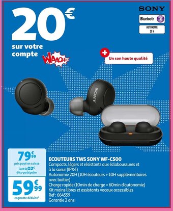 Auchan ECOUTEURS TWS SONY WF-C500 aanbieding
