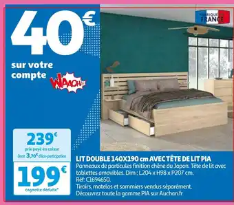 Auchan LIT DOUBLE 140X190 cm AVEC TÊTE DE LIT PIA aanbieding