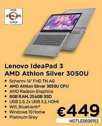 CompuDeals Lenovo ideapad 3 amd athlon silver 3050u aanbieding