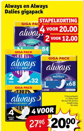 Kruidvat Daily fresh normal 0% parfum inlegkruisjes 4 x 84 stuks aanbieding