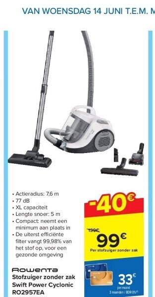Carrefour Stofzuiger zonder zak swift power cyclonic ro2957ea aanbieding