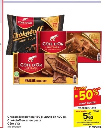 Carrefour Chocoladetabletten (150 g, 200 g en 400 g), chokotoff en smeerpasta côte d’or aanbieding