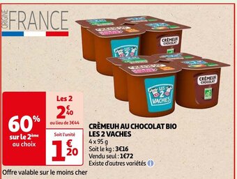Auchan CRÈMEUH AU CHOCOLAT BIO LES 2 VACHES, 4 x 95 g aanbieding