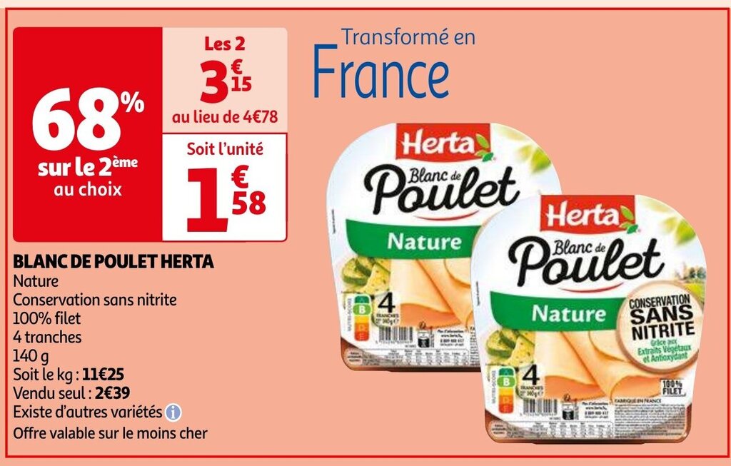 BLANC DE POULET HERTA, 140 g promotie bij Auchan