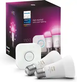 Bol.com Philips hue starterkit - wit en gekleurd licht - 2 x 9w - e27 - 1100lm - met bridge aanbieding