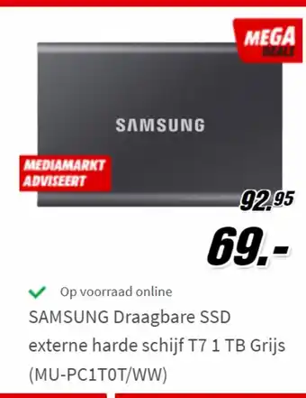 MediaMarkt Op voorraad online SAMSUNG Draagbare SSD externe harde schijf T7 1 TB Grijs aanbieding
