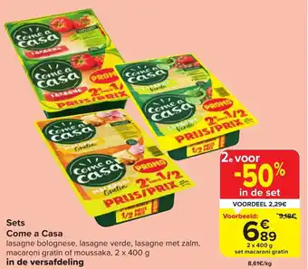Carrefour Market Sets Come a Casa lasagne bolognese, lasagne verde, lasagne met zalm, macaroni gratin of moussaka, 2 x 400 g aanbieding