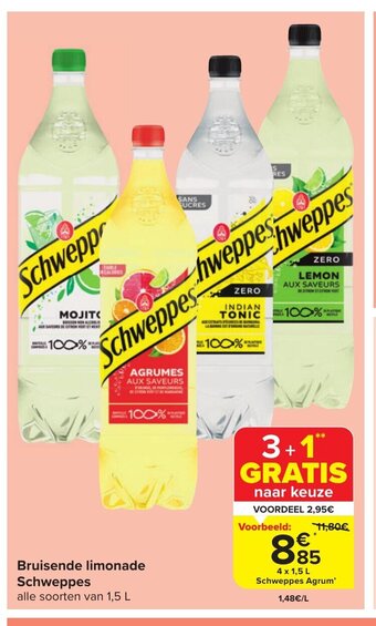Carrefour Market Bruisende limonade Schweppes alle soorten van 1,5 L aanbieding