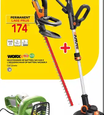Brico GRASTRIMMER OP BATTERIJ WG163E.9 + HEGGENSCHAAR OP BATTERIJ WG260E.9. Volt 20 L. 30cm aanbieding
