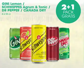 Prik en Tik GINI Lemon / SCHWEPPES Agrum & Tonic / DR PEPPER / CANADA DRY 6 x 33 cl aanbieding