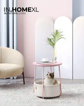 Bol.com In.homexl - bijzettafel - rond - stoffen mand - bijzettafel metaal met hout - roos en beige - lusea aanbieding