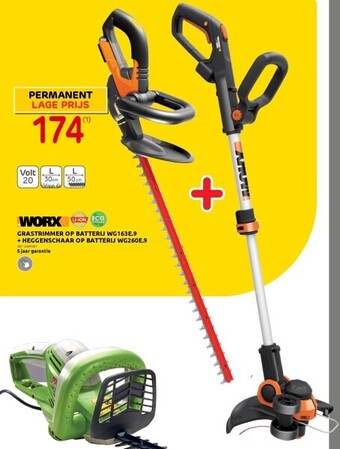 Brico Grastrimmer op batterij wg163e.9 + heggenschaar op batterij wg260e.9 aanbieding