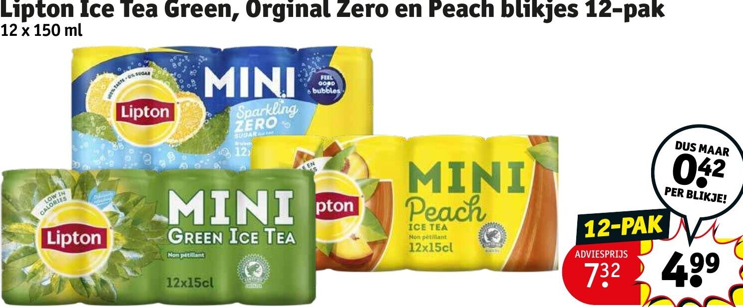 Lipton Ice Tea Green, Orginal Zero en Peach blikjes 12pak promotie bij Kruidvat