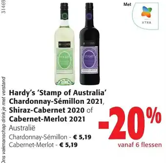 Colruyt Hardy's 'Stamp of Australia' Chardonnay-Sémillon 2021, Shiraz-Cabernet 2020 of Cabernet-Merlot 2021 aanbieding